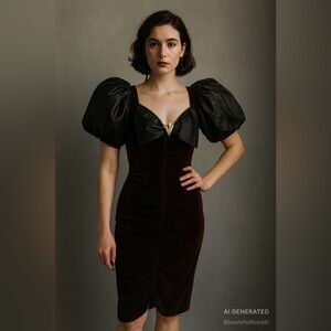Vintage Shamash & Yofi Velvet Cocktail Dress w/ Puff Sleeves | Fits XS/S